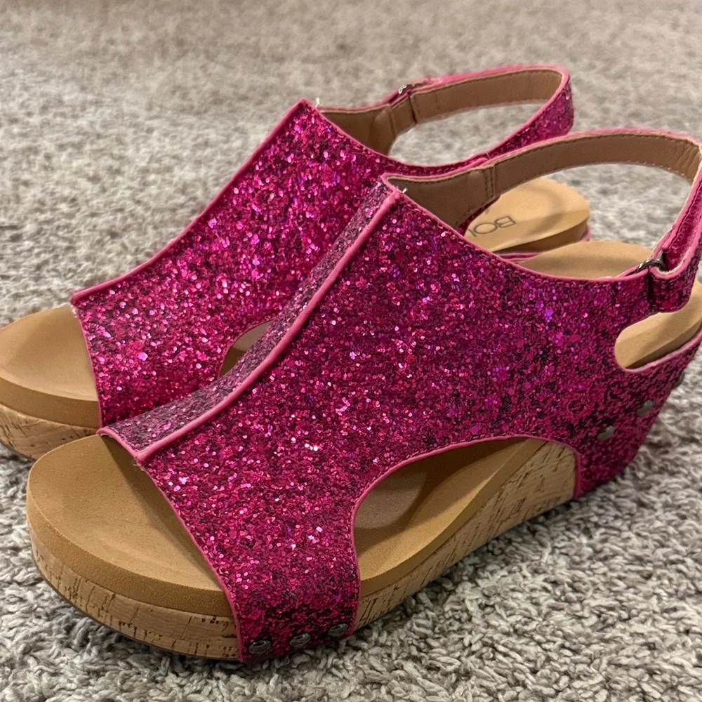 CORKYS - Pink Glitter Women's Wedge Sandals - Picture 1 of 3